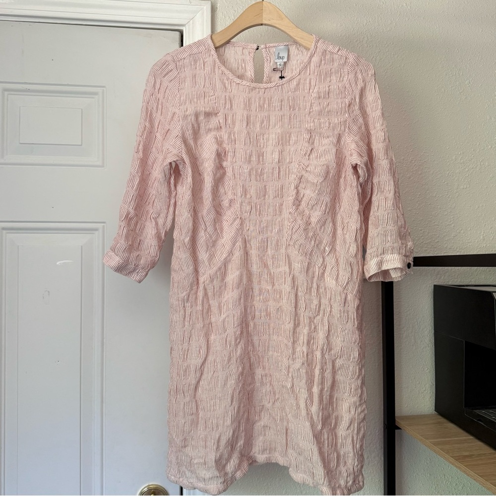 NWT LOUP red white striped linen textured bubble 3/4 long sleeve mini dress